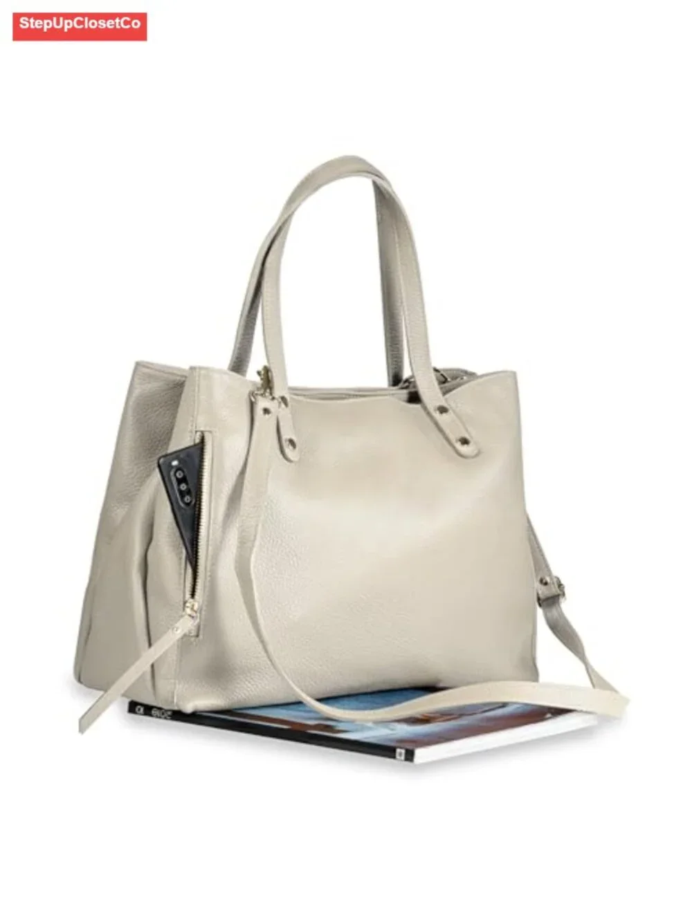 Italian Leather Tote Bag, Genuine Pebbled Leather, Large Handbag with Zipper